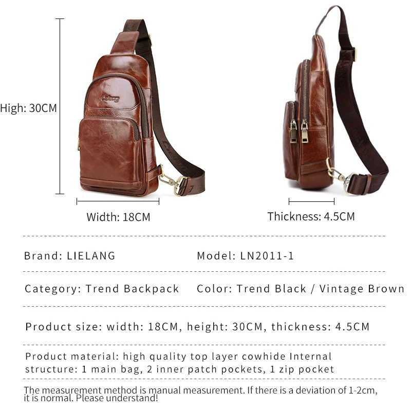  LIELANG chest Bag bolso de hombro de cuero genuino para hombre Casual de cuero de vaca marrón para 