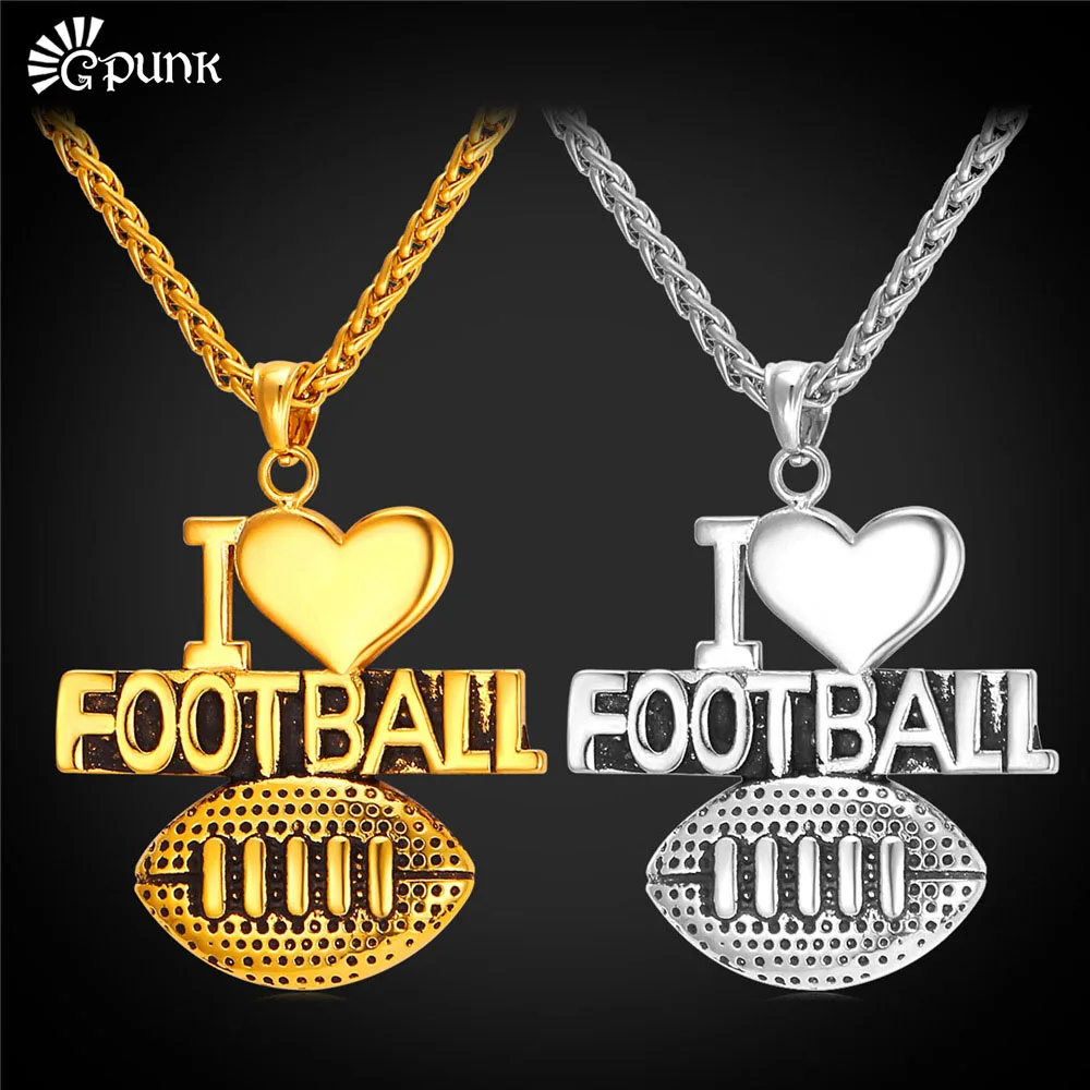 I Love Football Charms With Gold Chain Unisex Necklaces & Pendants For