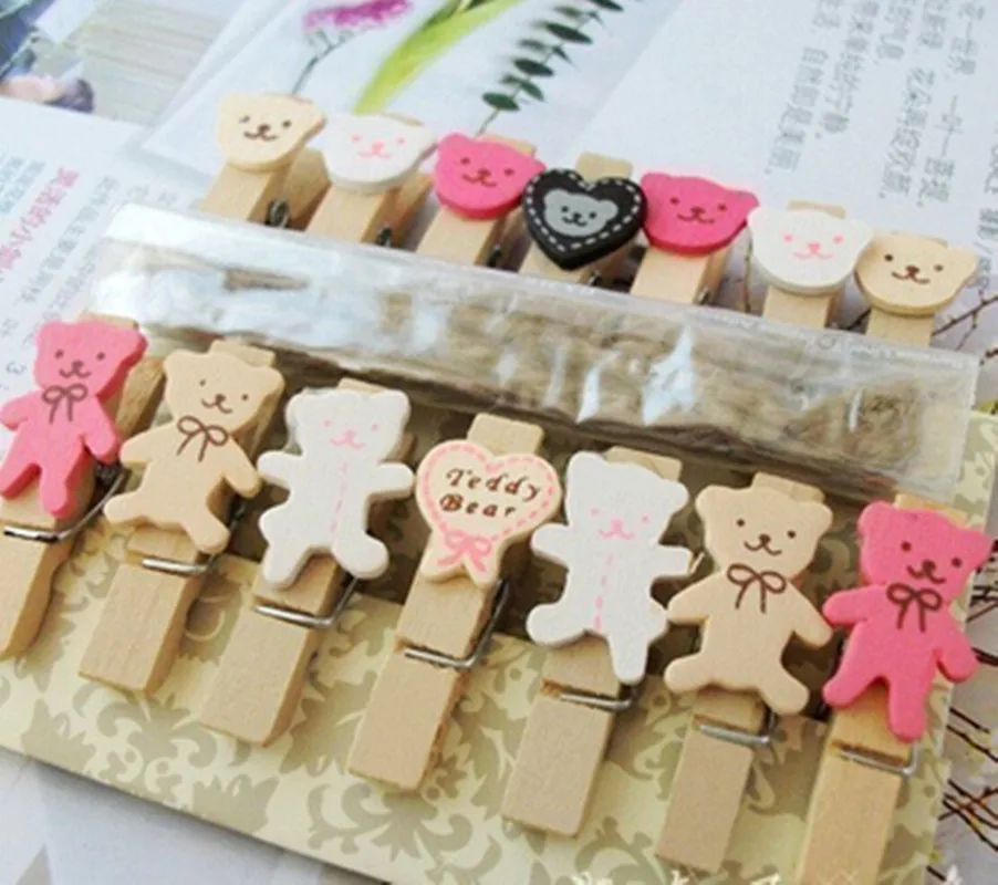 14pcs 35MM Mini Wooden Pegs / Photo Clips Cute Bear Hearts Gallery
