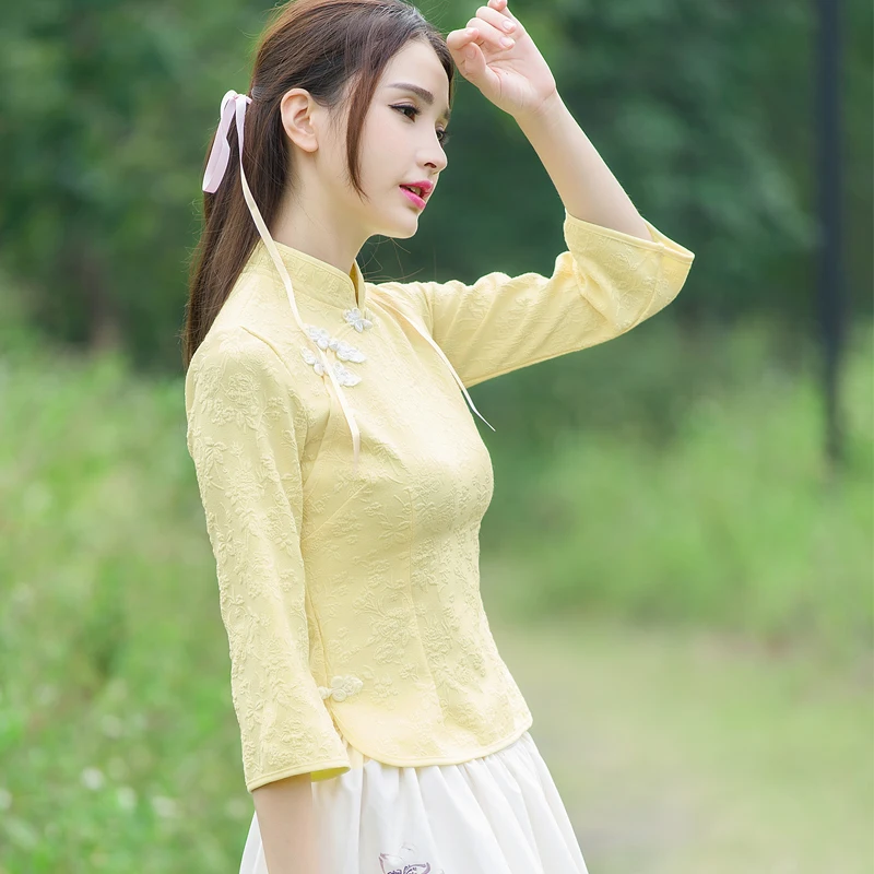 

2018 Summer Tang Suit Tops Improved Daily Retro Traditional Chinese Style Plate Buckle Cheongsam Students Blouse 3/4 Sleeve