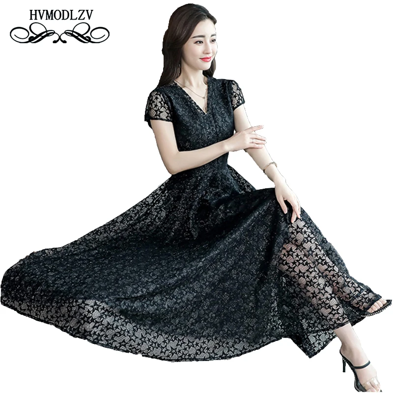 

2018 Summer long dress women Fashion short-sleeved floral Lace party dress Female Plus size Sexy Black Red long Dresses lj281