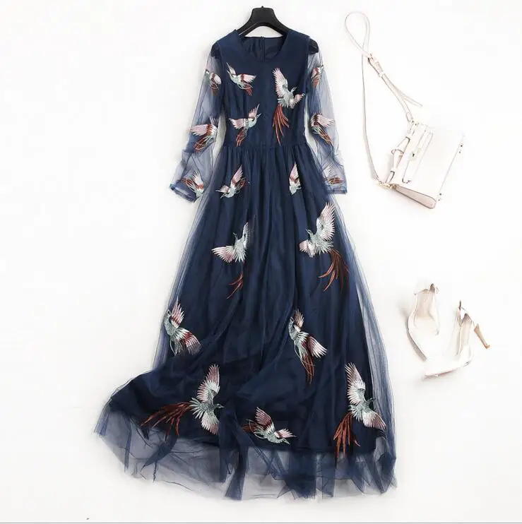 

2019 high quality Women Hollow Out Embroidery Dress Mesh Spring Summer Elegant Boho Long A-line Lady Party Dresses Vestidos