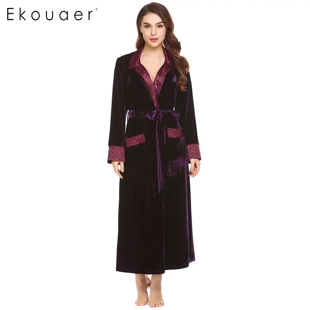 Ekouaer Women New Winter Robes Bathrobes Casual Turn Down Collar Long Sleeve Patchwork Pocket Velvet Robe with Belt Nightwear