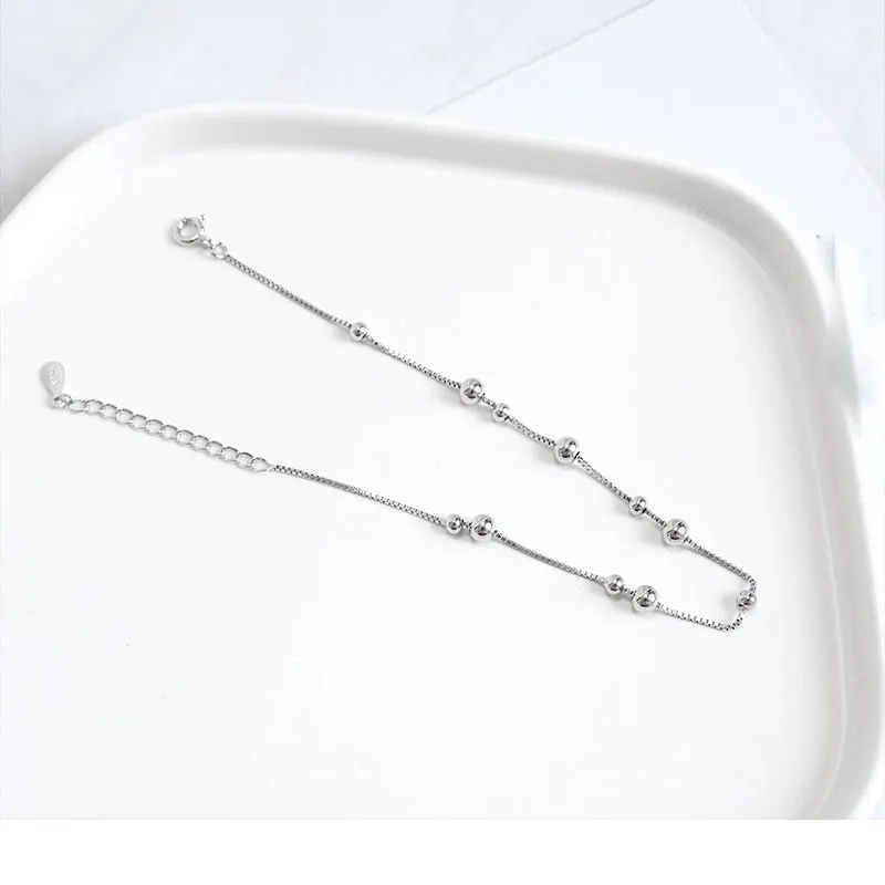 925 Sterling Silver Ankle Bracelet Simple Beads Chain Anklets for Women Girls Foot Jewelry Charm Adjustable Length Leg Chain