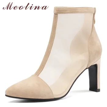 

Meotina Autumn Ankle Boots Women Genuine Leather Cutout Thick High Heels Short Boots Kid Suede Mesh Zipper Shoes Lady Summer 39