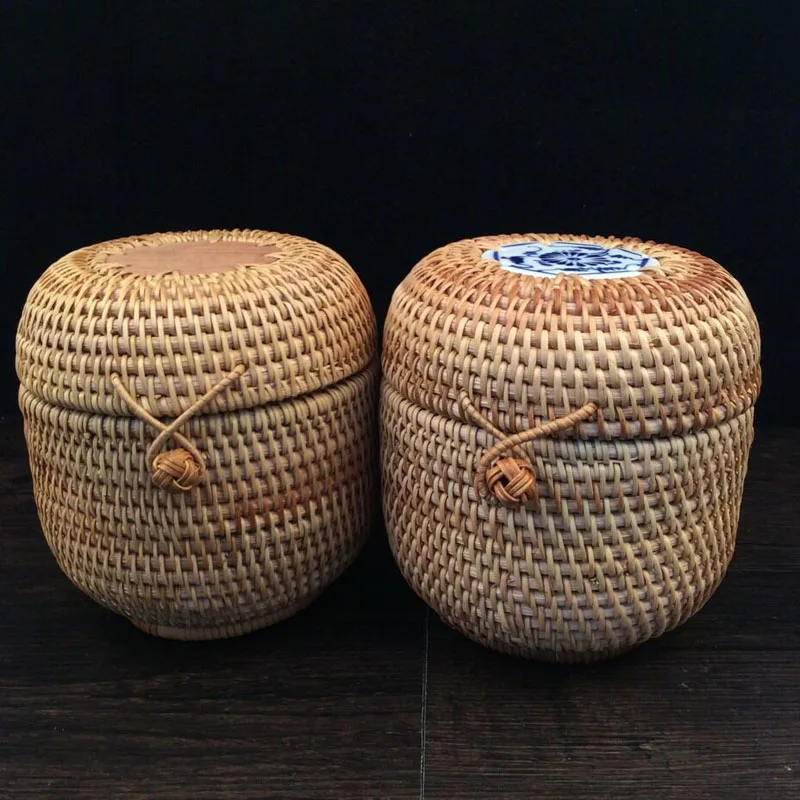 Handmade Vietnam Autumn Rattan weaving round tea tin cans canister