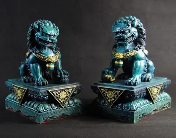 

10" China Copper Bronze carved Feng Shui Guardian Lion Pair statue