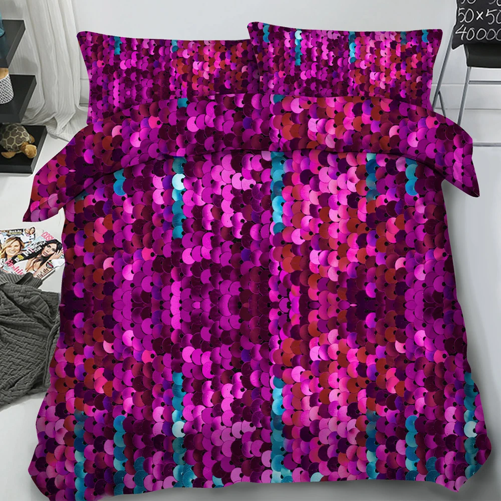 

Multiple Size Bedding Set- Fish Scales Bright Purple Red Duvet Cover Set for Childrens/Kids/Teens/Adults, 3/4 Piece Cotton