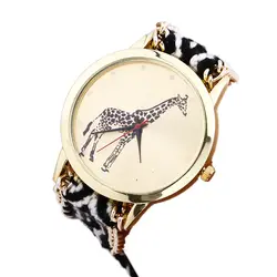 Модные дешевые 2017 женщины девушки часы Новый Жираф узор сплетенный Веревка Группа браслет Кварцевые часы Relogio feminino
