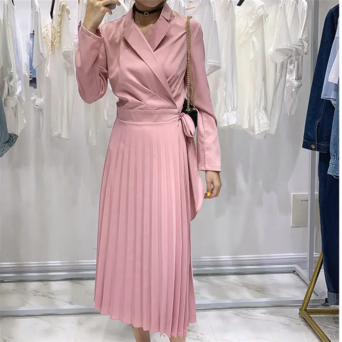pink chiffon dress Корейский костюм воротник дамы шифон лоскутное платье весна длинный рукав мода лук Подиум Плиссированное Платье Vestido Robe f676 - Цвет: pink chiffon dress