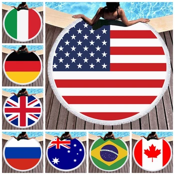 

150cm Microfiber Round Beach Towel With Tassels USA UK Brazil Italy Russia Canada Australia Israel Flag Printed Adult Bath Towel