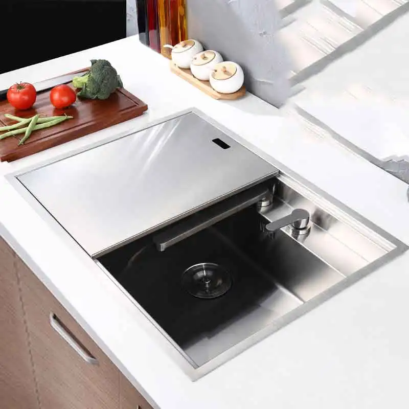 Kitchen Sink 304 stainless steel Multifunctiona manually single slot hidden Washing basins with Lifting faucet or Folding tap