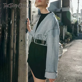 

TWOTWINSTYLE Denim Jacket Female V Neck Long Sleeve Coat Crop Tops Women Big Size 2020 Autumn Fashion Vintage Clothing