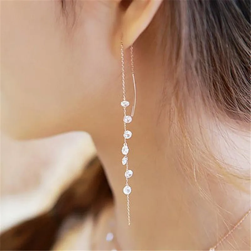 

925 silver needle Stud earrings with drill Long ears line Women fashion jewelry