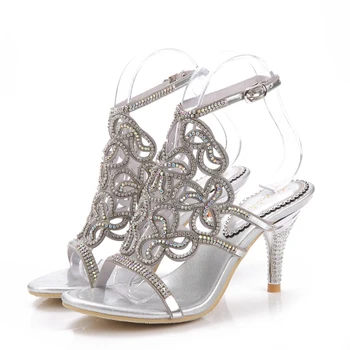 

2019 Summer New Silver Clover Pattern Stiletto Sandals with Rhinestones High Heels Ceremony Dinner Shoes
