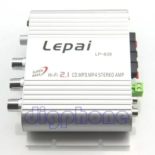 Серебро Lepai LP-838 3-канальный мини HIFI 2.1 стерео аудио усилитель AMP 25Wx2 + 45 Вт бас |