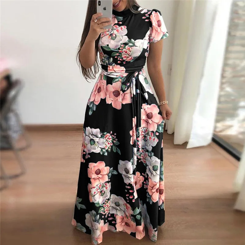 

Women Summer Dress Casual Short Sleeve Long Dress Boho Floral Print Maxi Dress Vestidos Big Swing Bandage Elegant Dresses Belt