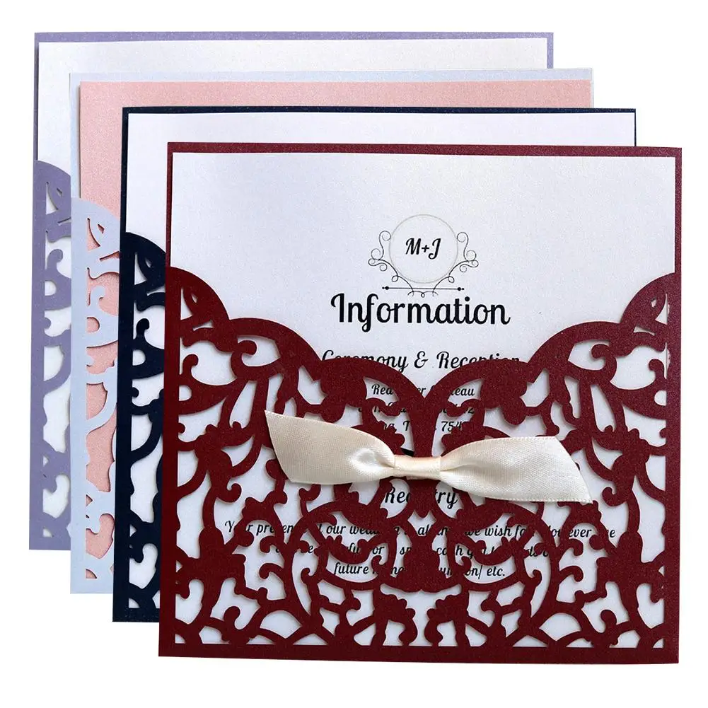  10PCS European style Laser Cut Flower with Bowknot Wedding Invitations Cards Lace Pocket Greeting C - 32915997356