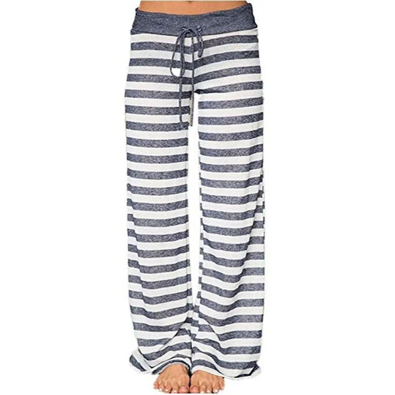 

Spring Autumn Sleep Bottoms Women Striped Pants Lace Up Waist Drawstring Knitted Pajama Pants Wide Legs Loose B86791