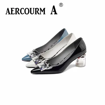 

Aercourm A 2019 Women Metal Button Solid Color Mixed Color Pumps Lady Patent Leather Shoes Square High Heel Pumps Leopard Shoes