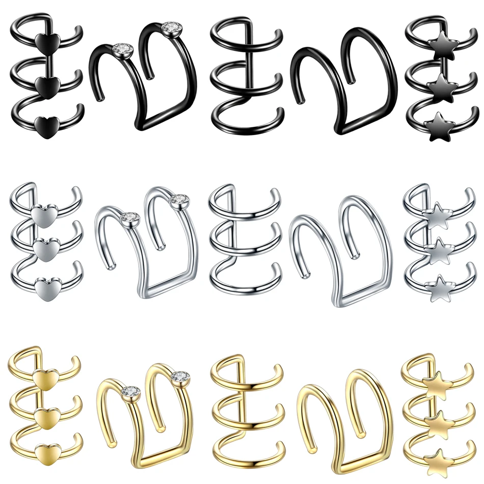 

1PC Steel Double and Triple Hoop Ear Cuff Clip On Earring Tragus Fake Cartilage Ring Non Piercing Closure Rings Fake No Piercing