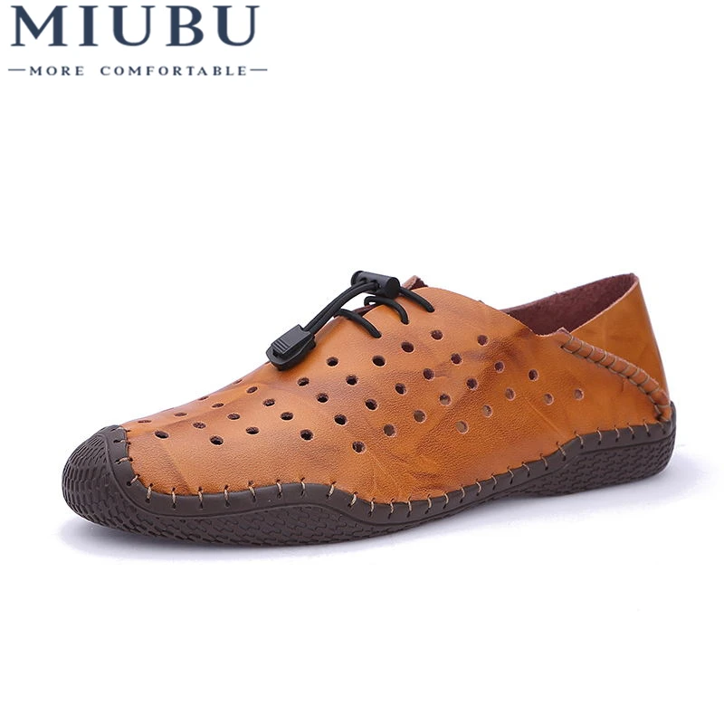 

MIUBU Classics Gladiator Men Genuine Leather Sandals Casual Breathable Cut-Outs Summer Male Shoes Hook & Loop Flats