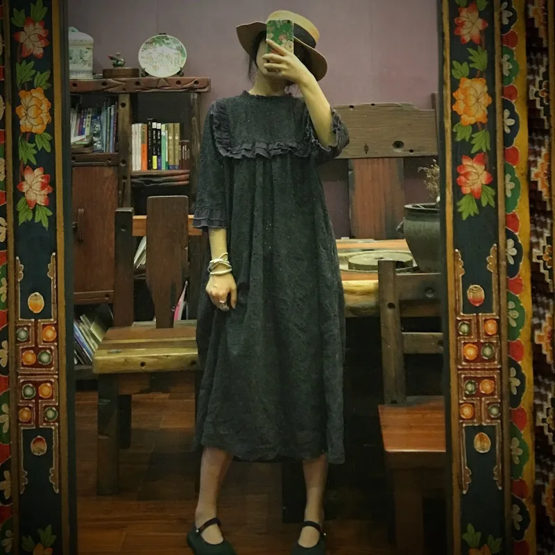 

Johnature Vintage Summer Dress Loose Solid Color Sleeve Butterfly Sleeve O-neck Ruffles 2019 New Clothes Cotton Women Dress