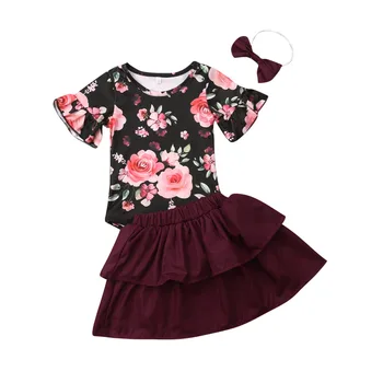 

3Pcs Baby Girl Clothes Fashion Flare Sleeve Floral Tops Romper Solid Ruffle Short Skirts Milk Silk Cotton Outfit Summer Clothes