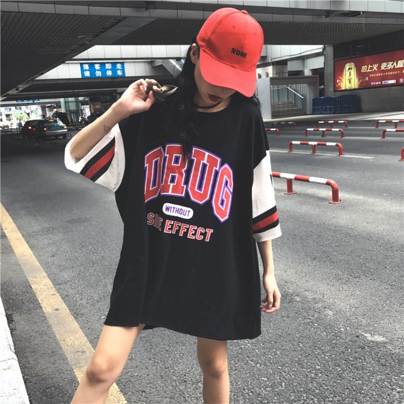 

M-2XL Plus Size Harajuku T Shirt Women O-neck Half Sleeve Long T-shirts Female Casual Loose Tops Female Tee Mulher F2