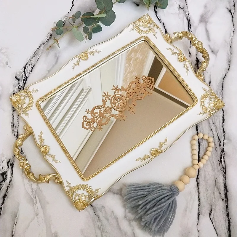 Ретро Европа смолы зеркальные тарелки миска-лоток цвета слоновой кости дворцовые резные цветы Золотое зеркало поднос украшения ремесла