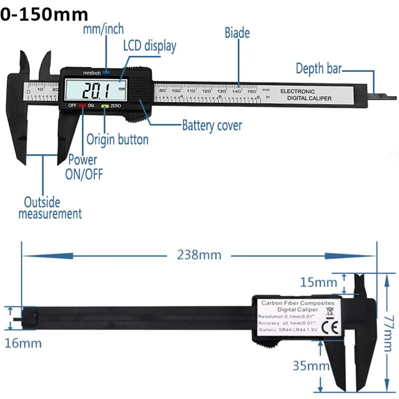 0-150 мм штангенциркуль электронный цифровой пластмассовые Штангенциркули раздвигающийся измерительный инструмент ЖК-дисплей Диаметр дисплея углеродного волокна 1,5 V батарея