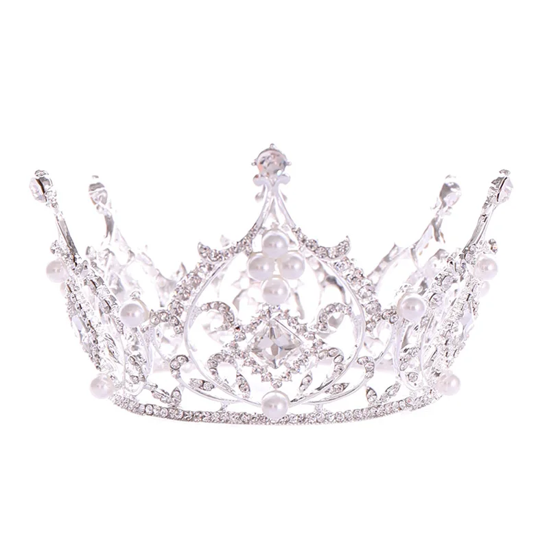 Baratos FORSEVEN perla novia Tiaras gran círculo completo strass corona pelo joyería tocado diadema mujeres boda accesorios para el cabello JL