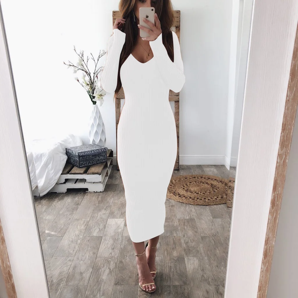 Осеннее трикотажное облегающее платье макси, сексуальное платье с v-образным вырезом и длинным рукавом, женское Элегантное зимнее облегающее модное тонкое длинное платье Vestido - Цвет: TS-8021-white