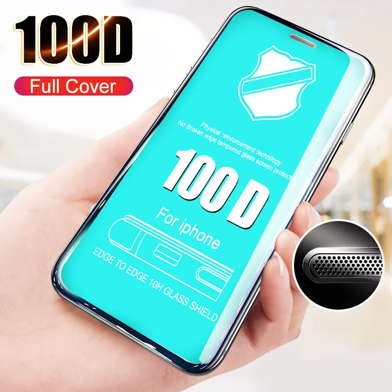 

100D Curved Edge Full Cover Protective Glass On The For iPhone 7 8 6 6S Plus Tempered Screen Protector iPhone X XR XS Max Glass