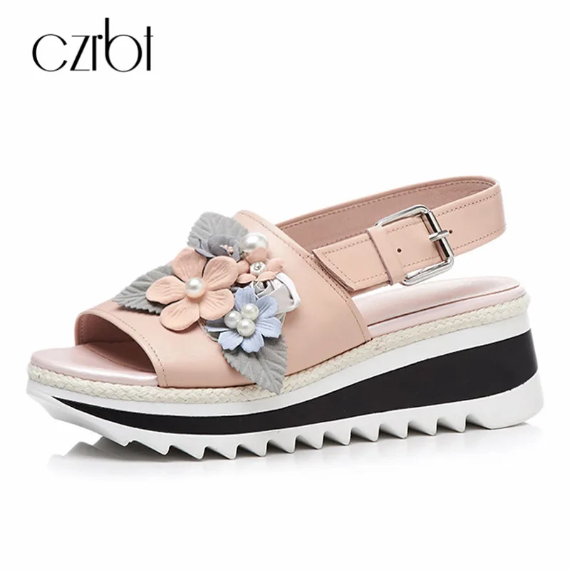 

CZRBT Summer Genuine Leather 2018 Women Floral Sandals Platform High Wedges Heels Buckle Sweet Women Casual Pink White Sandals