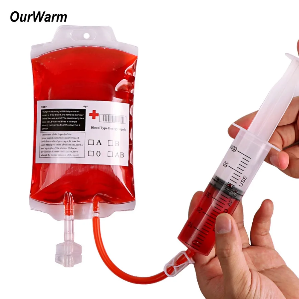 

OurWarm 10Pcs 400ml Blood Drink Bag PVC Reusable Blood Energy Drink Bag with Syringe Vampire Cosplay Party Halloween Decoration