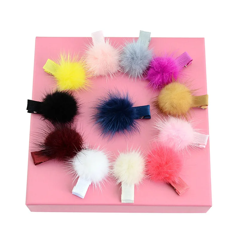 12 pcs/lot New Fashion Mink Hair Ball Barrettes For Girls Cute Kids