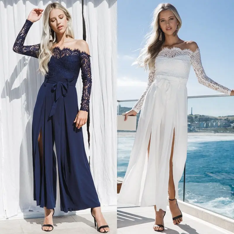 

Women Lace Clubwear Playsuit Party Jumpsuit Chiffon Long Trousers Pants Off Shoulder Laides Romper
