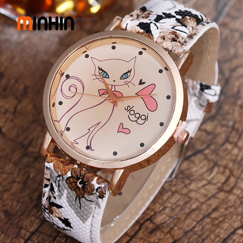 

MINHIN Fashion Cartoon Cat Design Watches Female Student Casual Leather Strap Watch Flowers Quartz Wristwatches Gift