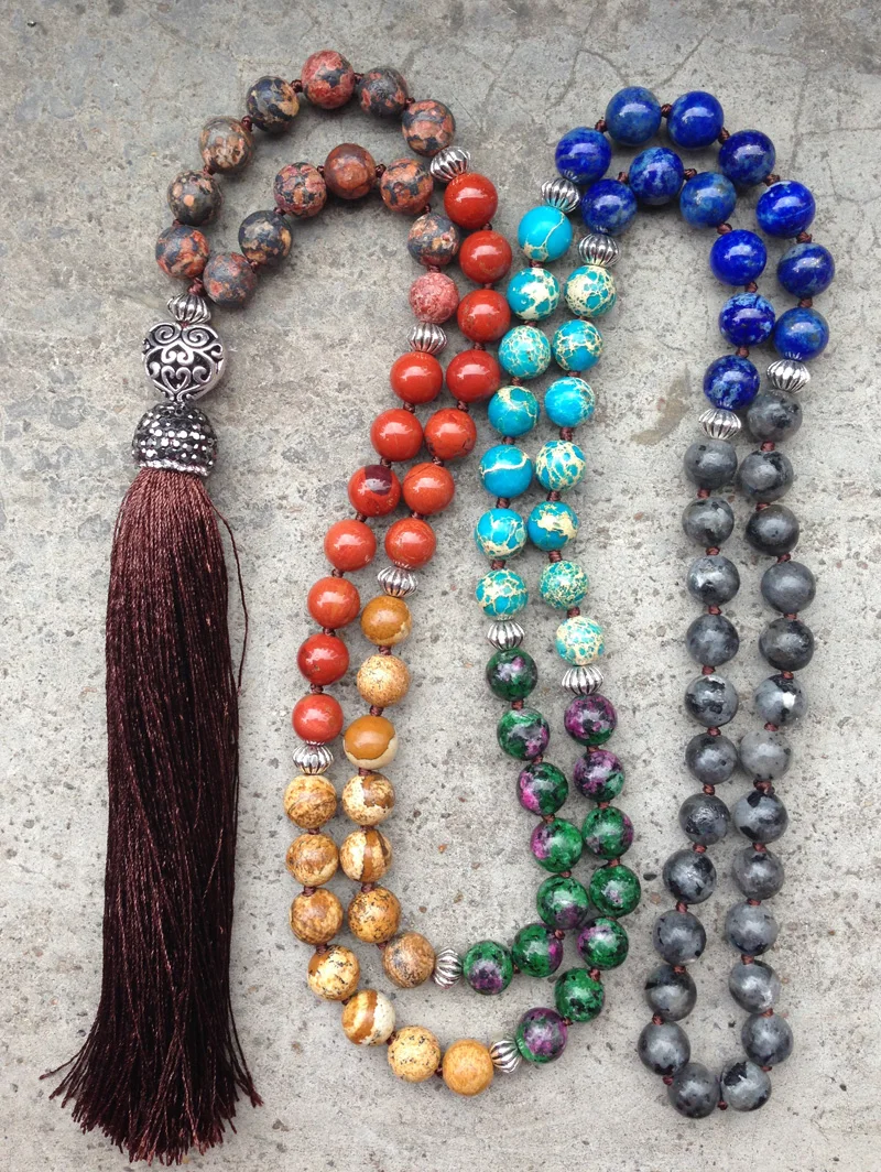 YA2452 7 Chakra Mala Matte Stone 8mm Beads Pave Crystal Long Tassel