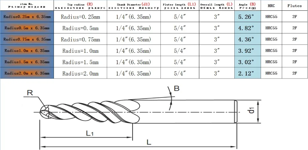 3,175 мм(1/") 4 мм 6 мм 8 мм 10 мм хвостовик из твердого карбида Вольфрама Конические концевые фрезы и конический резак HRC55 с покрытием