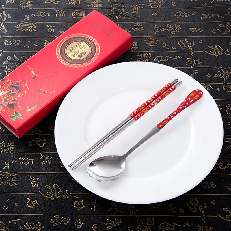 

1 Set Chinese Chopsticks Spoon Stainless Steel Reusable Kitchen Food Sticks Personalized Patterns For Children Gift