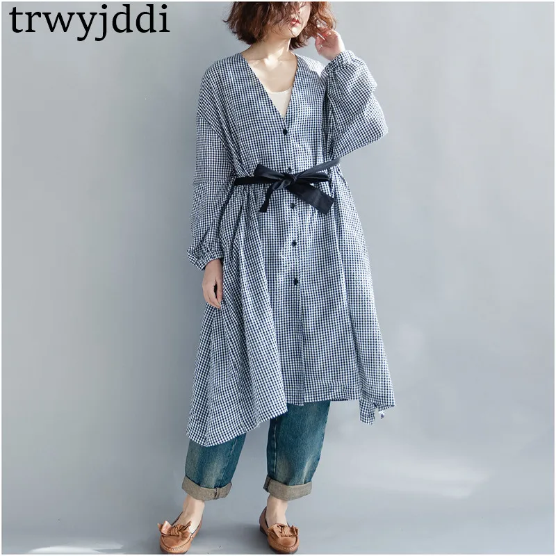 

Large Size Woman Clothing 2018 Spring Loose Tops V-neck Female Shirt Casual Plaid Dress Long Sleeves Blousa Mujer hl092