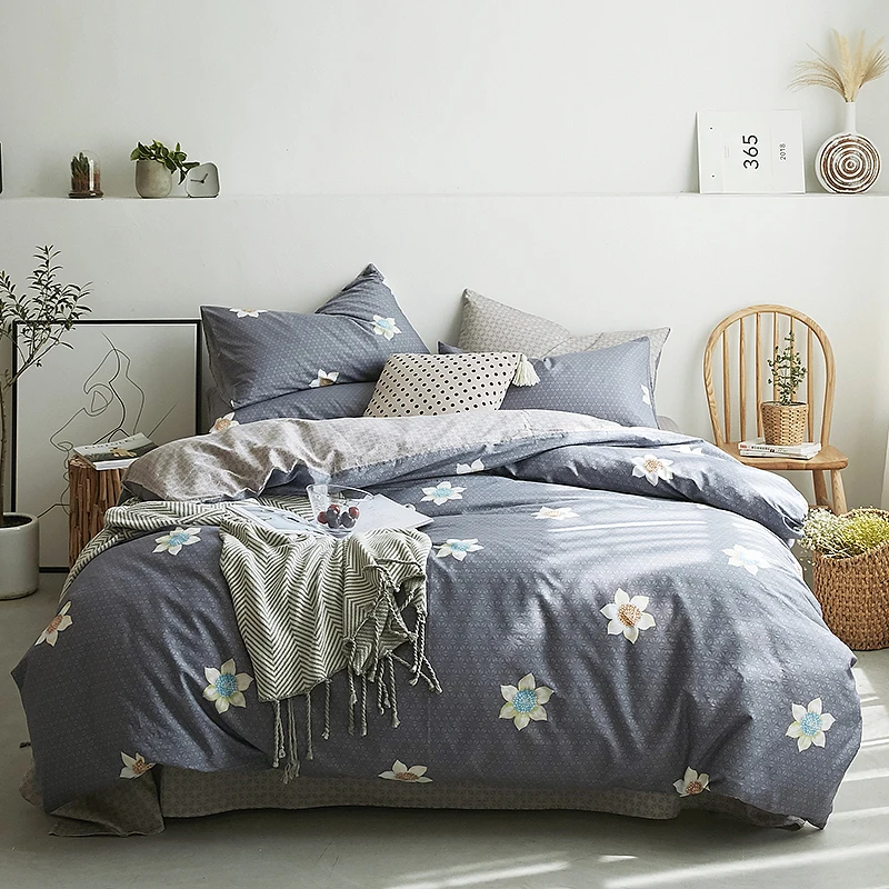 

HS Fashion Flower Print 3/4pcs Bedding Sets Dark Gray Nordic Bedclothes 100% Cotton Bed Linen Set King Queen Twin Size Bed Set
