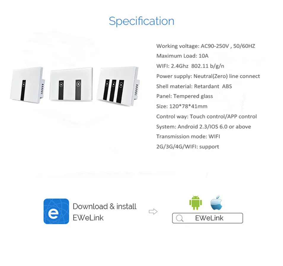 Ewelink US Type 1 gang 1 way wall light switch, touch control panel, wifi remote control via smart phone,work with Alexa Ewelink-14