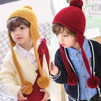 

Autumn winter baby boy girl wool warm hat handmade solid color big ball earmuff pompom baby hat caps newborn photography props