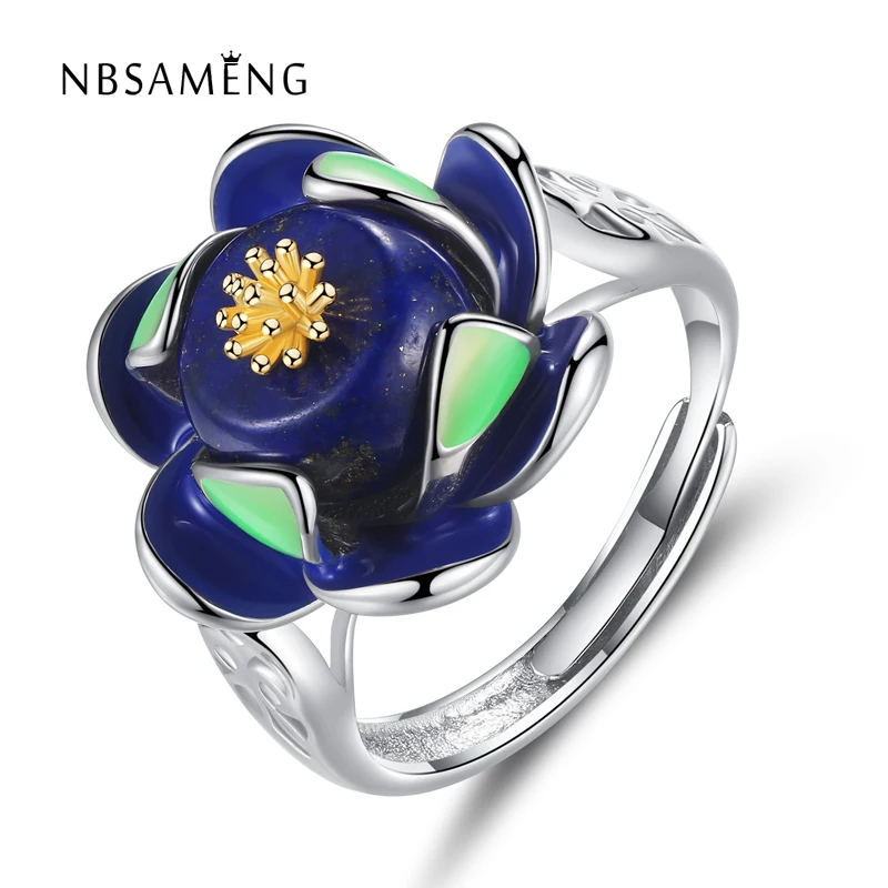 

Authentic 100% S925 Sterling Silver Adjustable Green Blue Glaze Flower Lapis Lazuli Rings For Women Party Fine Jewelry