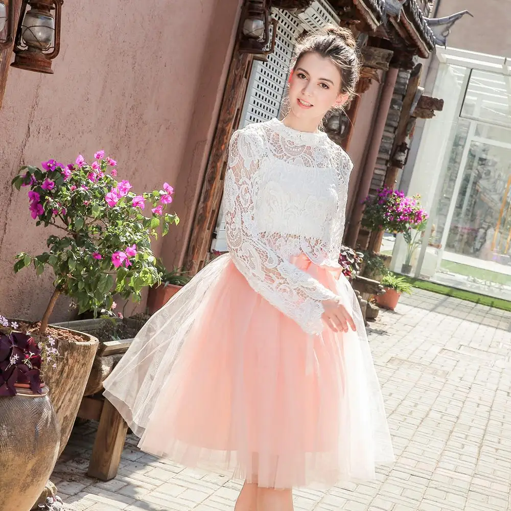 

7 Layers 65cm Knee Length Tulle Skirt Tutu Women Skirt High Waist Pleated Skirt Cosplay Petticoat Elastic Belt faldas saias jupe