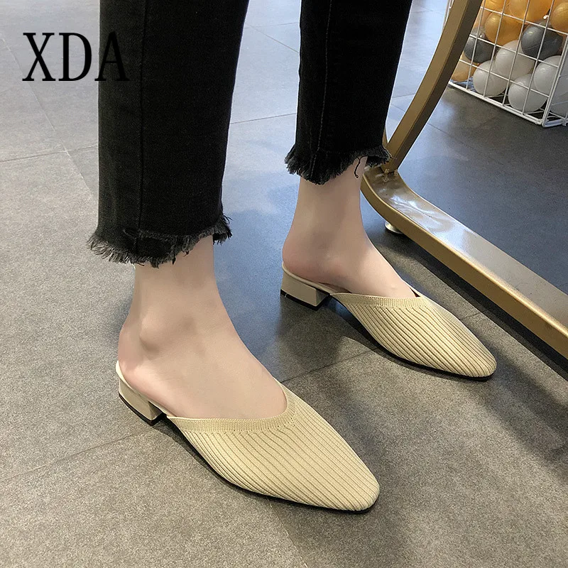 

XDA Fashion Summer Woven Mesh Women slipper Female Pointed Toe low Heel Knitting Slipper Mules Slides Casual Feminine Sandals