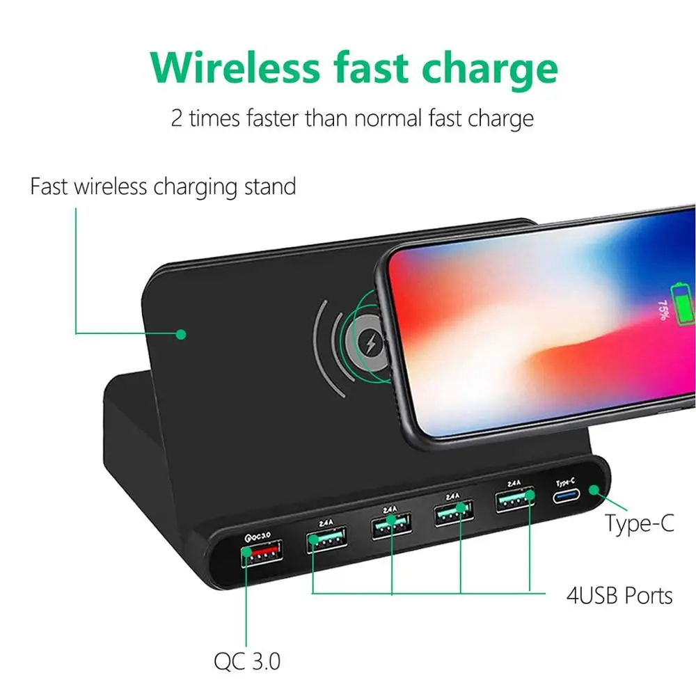 10 W تشى اللاسلكية شاحن 6 USB قاعدة لتثبيت الكمبيوتر المحمول سريعة تهمة 3.0 هاتف لوحي المحمول سريع شحن محول طاقة علي سطح مكتب المقبس قطاع 10 W تشى اللاسلكية شاحن 6 USB قاعدة لتثبيت الكمبيوتر المحمول سريعة تهمة 3.0 هاتف لوحي المحمول سريع شحن محول طاقة علي سطح مكتب المقبس قطاع